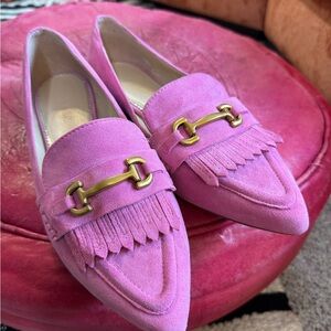 Boden Fuchsia Suede Loafers with Gold Detail